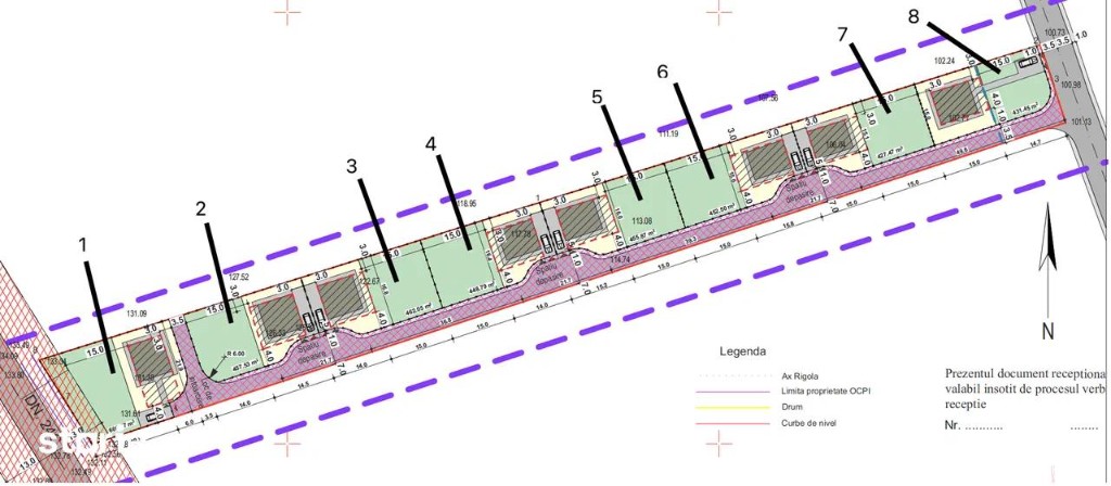 Plan parcelare MEG imobiliare — 8 loturi cu acces din DN24, suprafețe conform plan OCPI