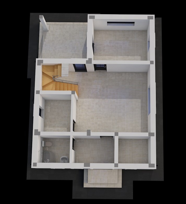Plan parter 3D — living, bucătărie, CT cameră tehnică, baie, terasă